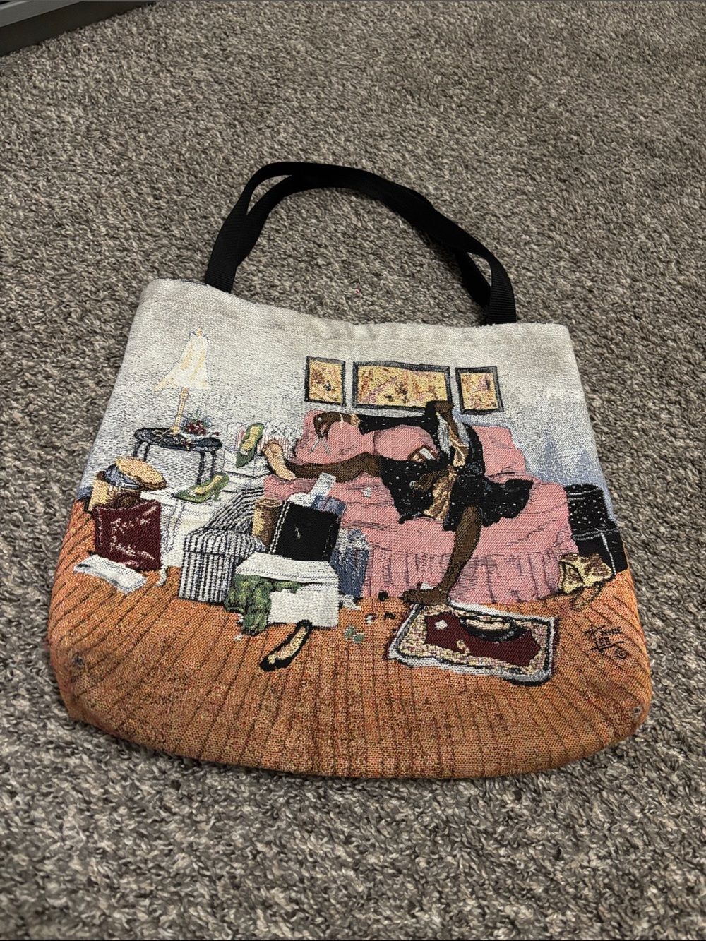 Annie Lee woman on a couch tapestry tote some wear collectible boho chic vintage